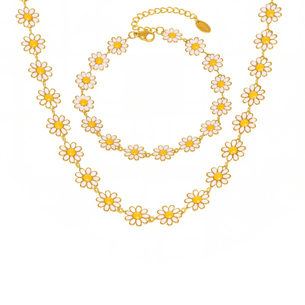 Three-Piece Floral Charm Set - Delicate Daisy Design with Oil-Drip Color on 18K Gold Plated Chain, Ideal for Daily Wear-ALB