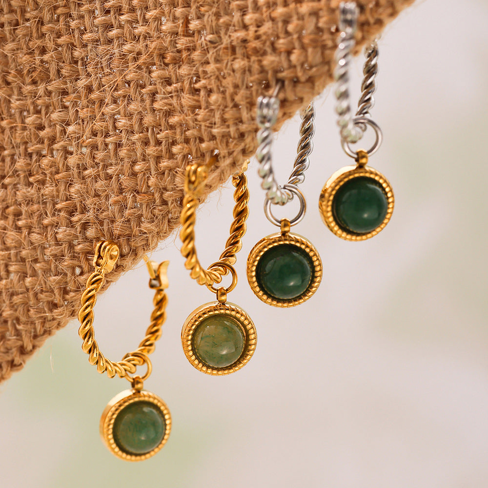 Twisted Rope Green Agate Ear Clip - PVD 18K Gold Plated Over Stainless Steel, Non-Piercing Ear Cuff with Luxe Aesthetic-ALB