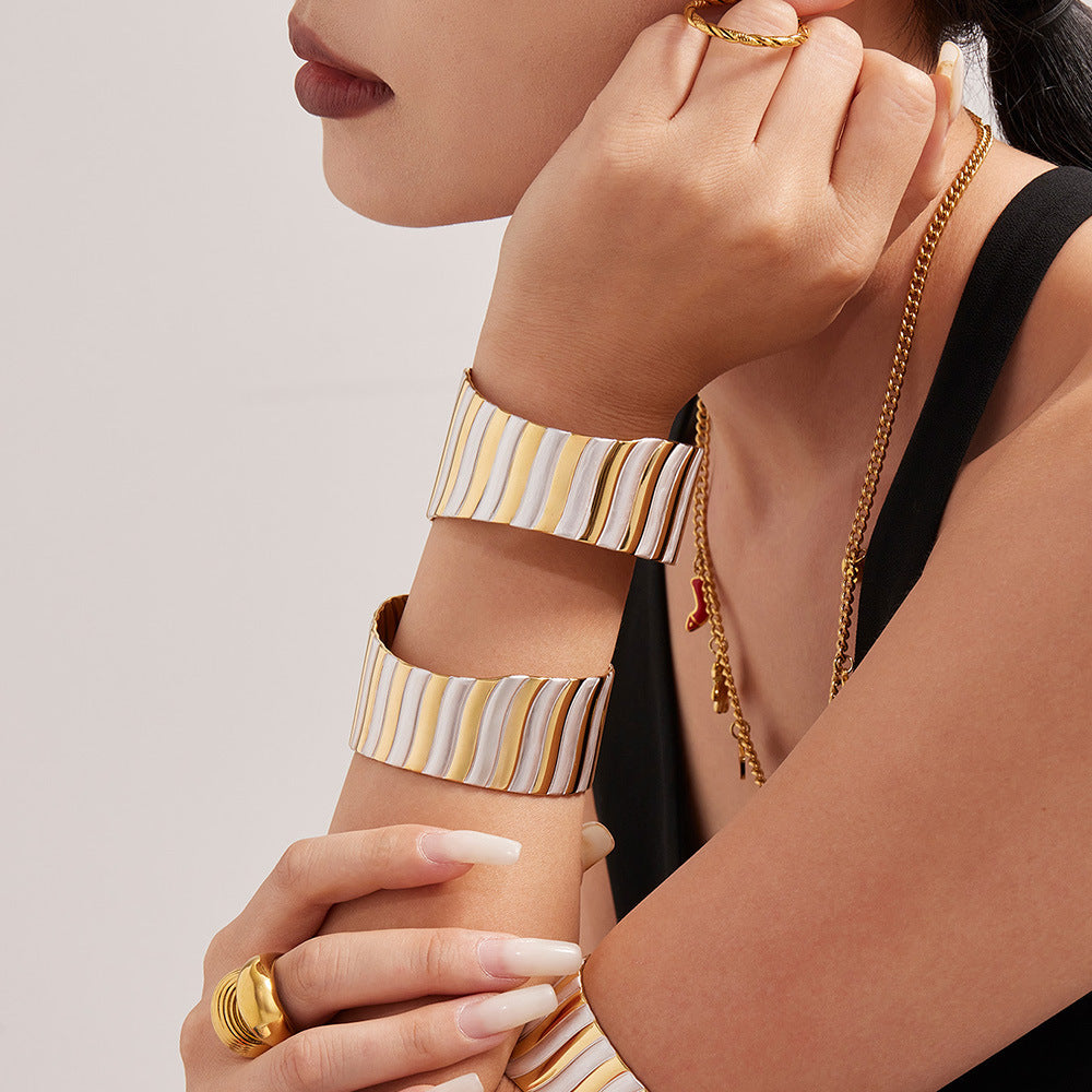 Two-Tone Wave Design Wide Cuff Bangle - Open Geometric Bracelet in 18K Gold Plated Titanium Steel, Modern and Durable Fashion Accessory-ALB