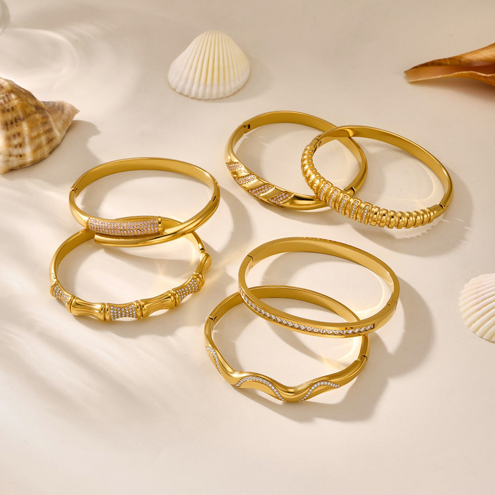 Adjustable Open Cuff Bamboo Bracelet - Irregular Geometric Shape with Zirconia, 18K Gold Plated, Ideal for Stacking and Layering-ALB