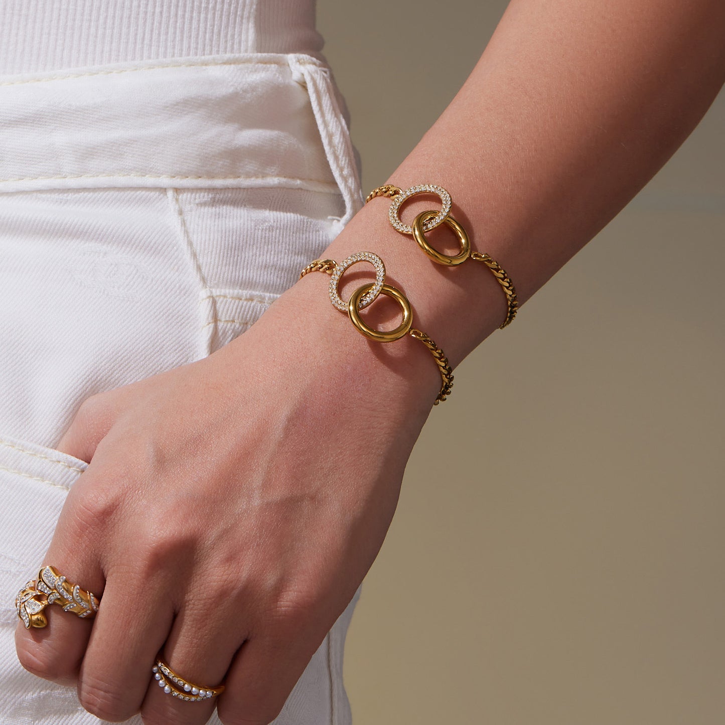 Double Ring Interlocking Chain Set - Minimalist 18K Gold Plated Stainless Steel Jewelry with Zircon Stones-ALB