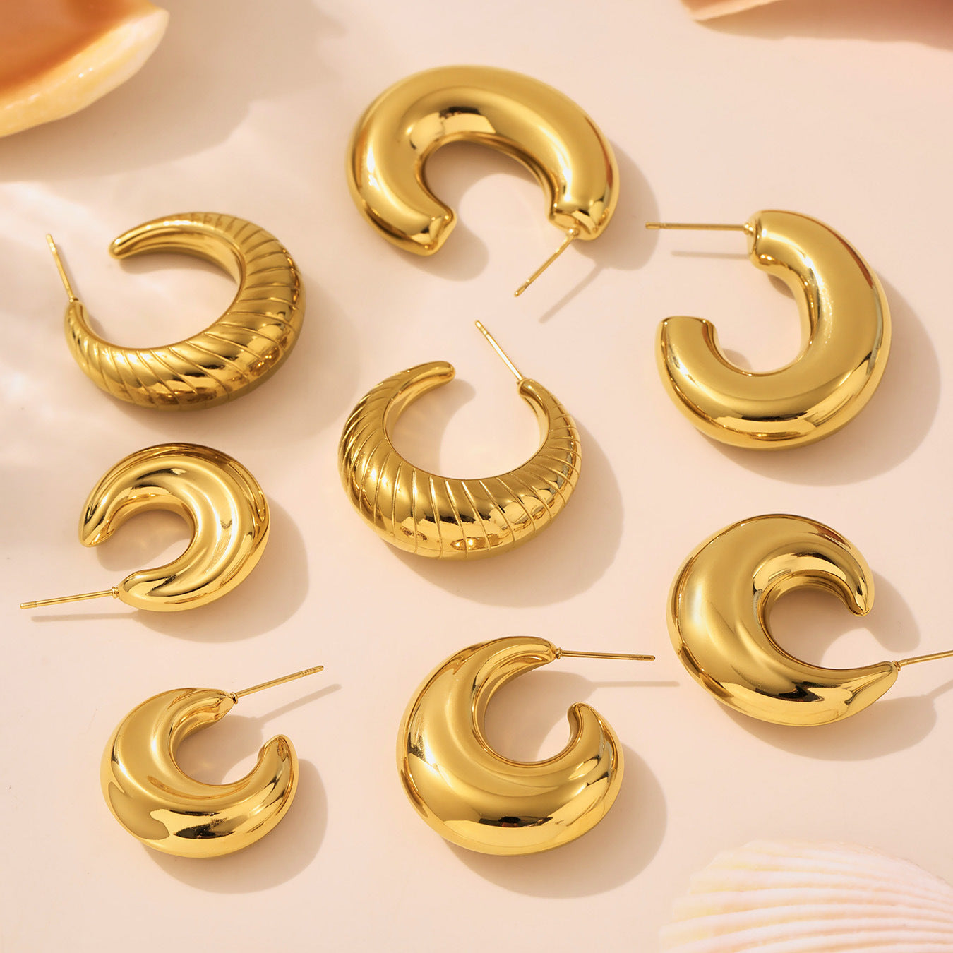 Lightweight Hollow C-Shape Studs - Fade-Resistant 18K Gold Plated over Stainless Steel, Comfort Fit for Sensitive Ears