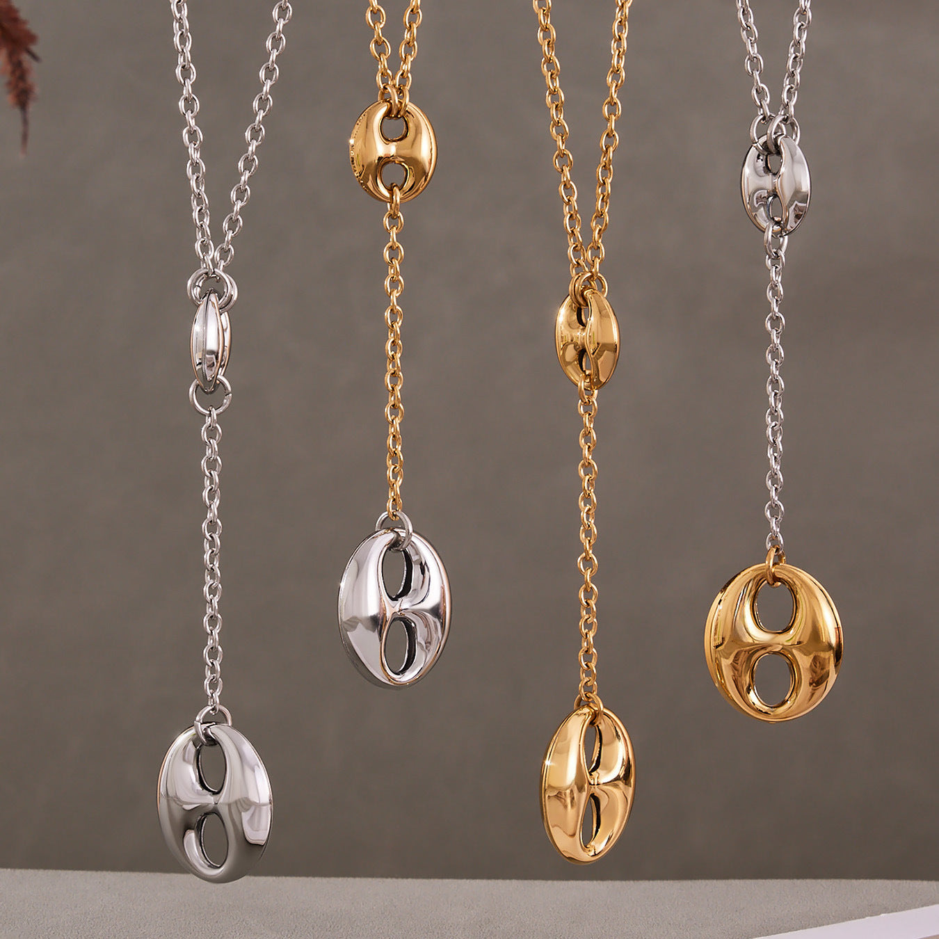 Stainless Steel Coffee Bean Pendant Necklace - Features Y-Drop Tassel and Layered Design, Adjustable Collarbone Chain for Stacking-ALB