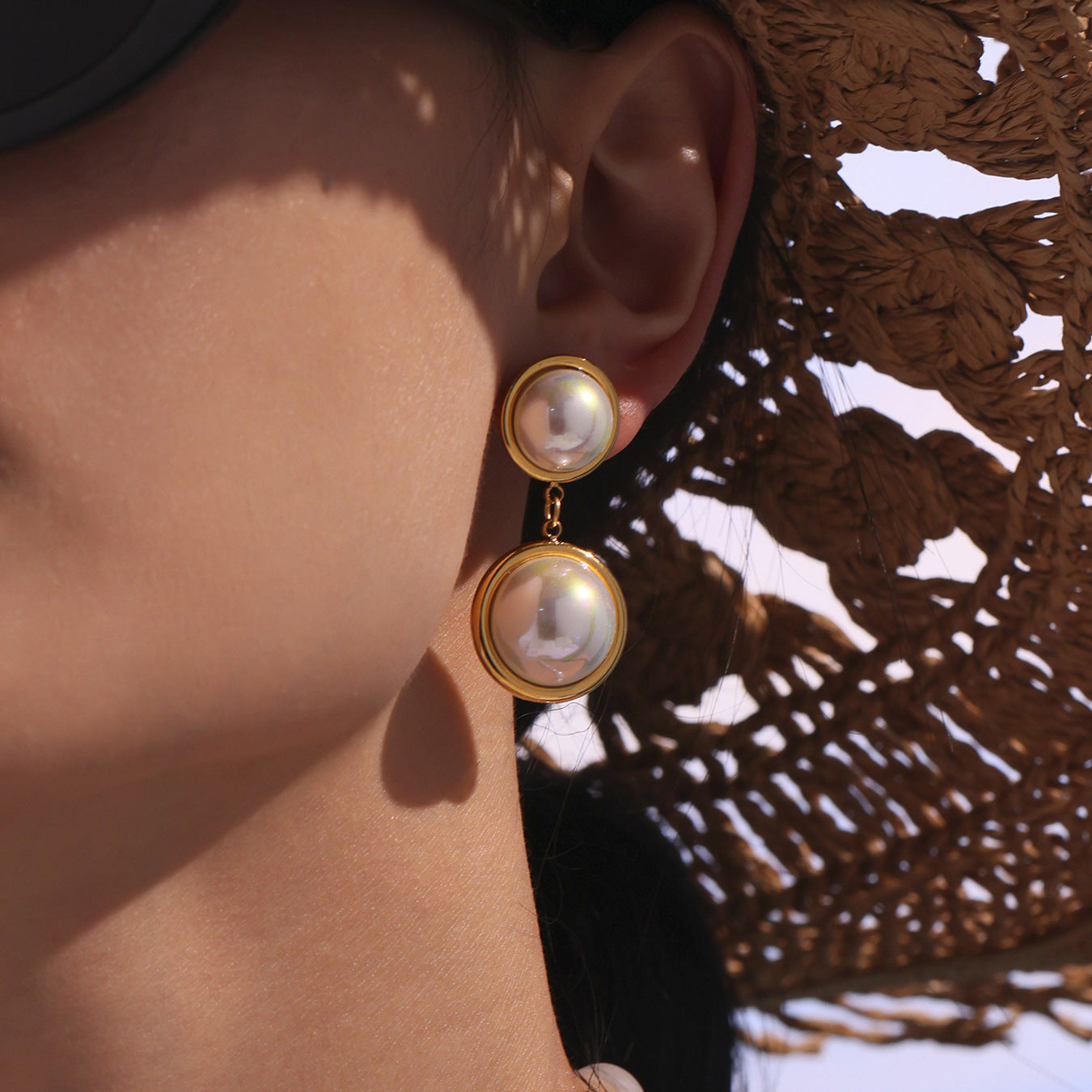 High-Shine Rainbow Pearl Earrings with Color-Mixing Design - Princess Style Stainless Steel Dangle Earrings, Face-Slimming Effect for Daily Wear-ALB