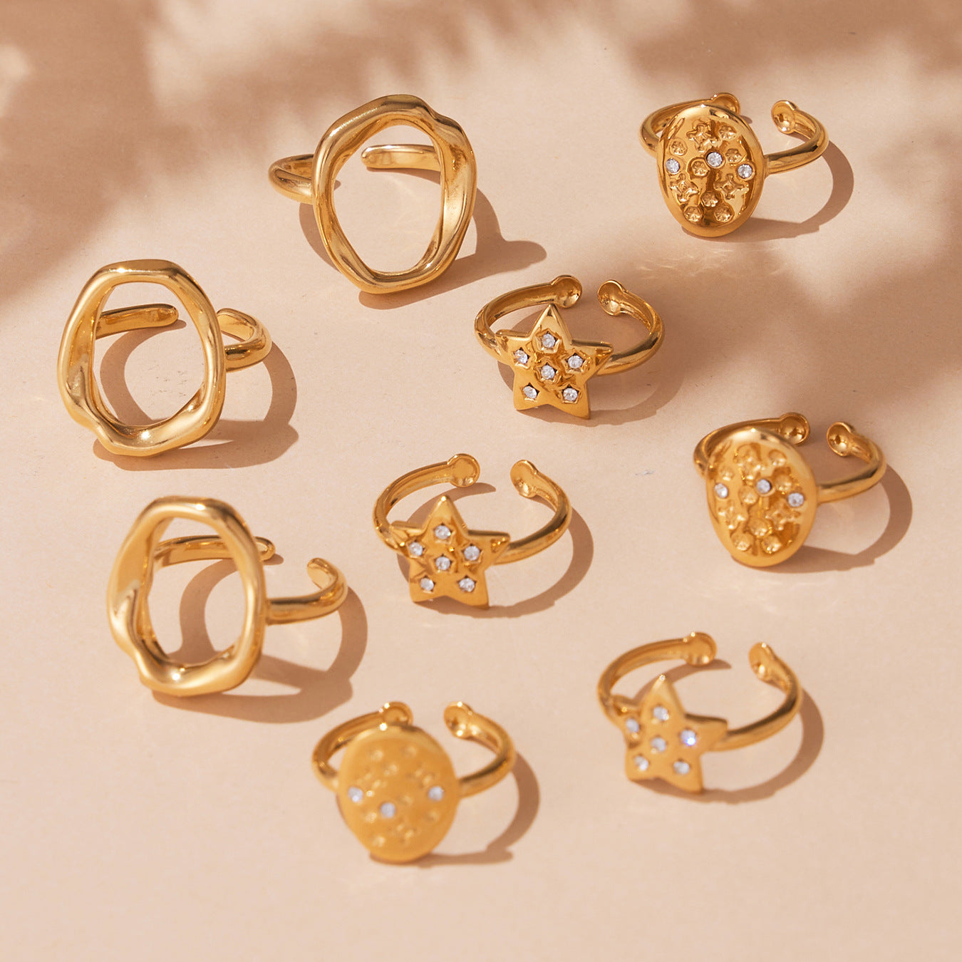 Micro-Pavé Zirconia Star Open Ring Collection - 18K Gold Plated Stainless Steel, Hypoallergenic and Adjustable for Stacking-ALB