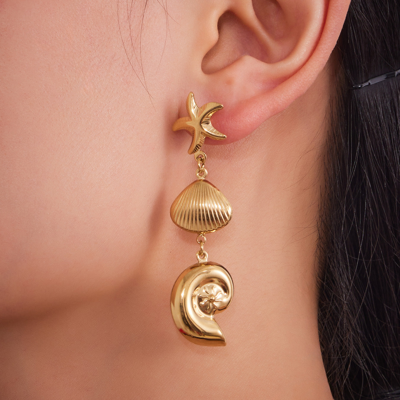 Statement Conch & Starfish Dangle Earrings - PVD 18K Gold Plated Over Stainless Steel, Heavy Craftsmanship for a Bold Ocean Look-ALB