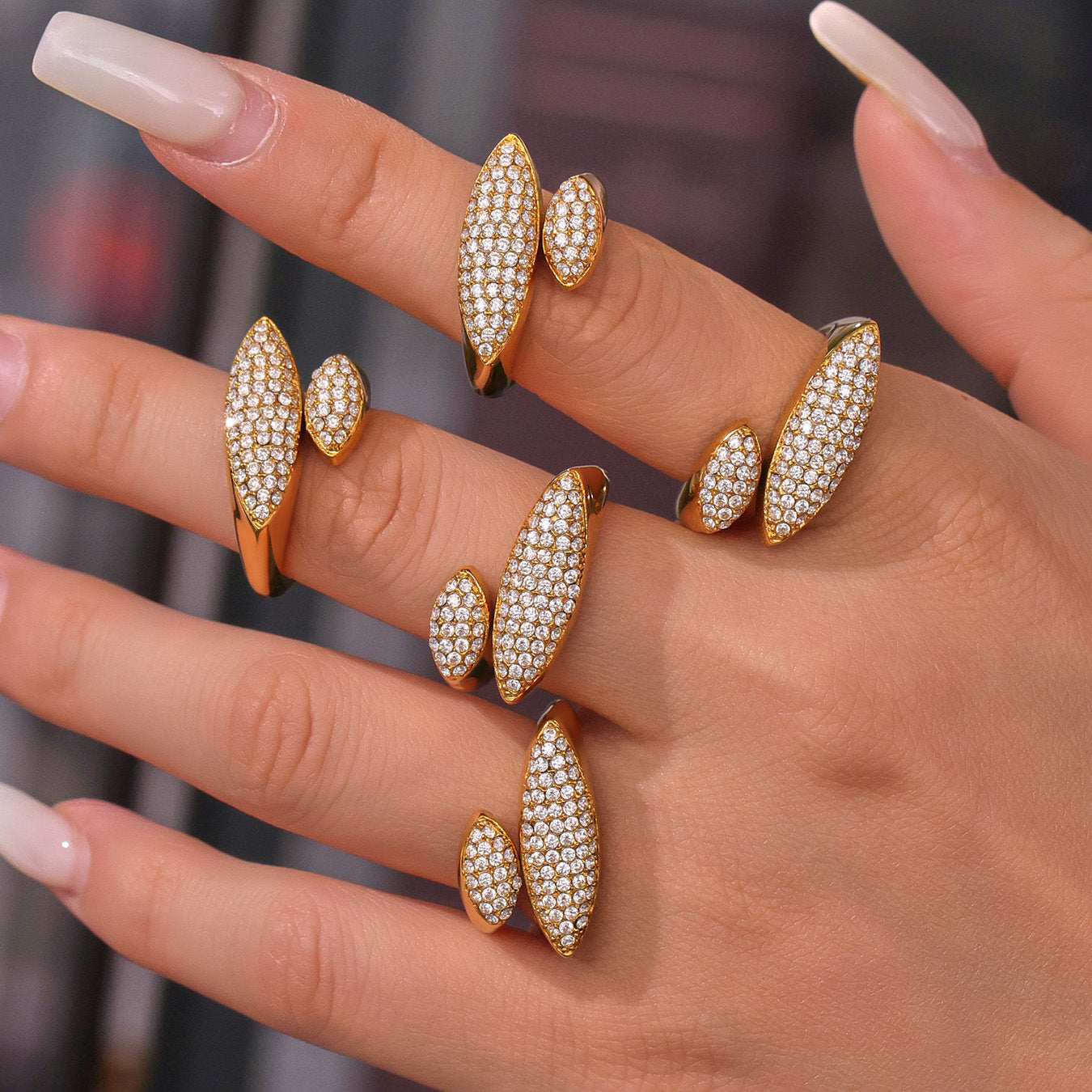 Hypoallergenic Full Pave Zirconia Geometric Ring - Stainless Steel Open Band, Adjustable Fit for Sensitive Skin, Modern Artisan Design -ALB