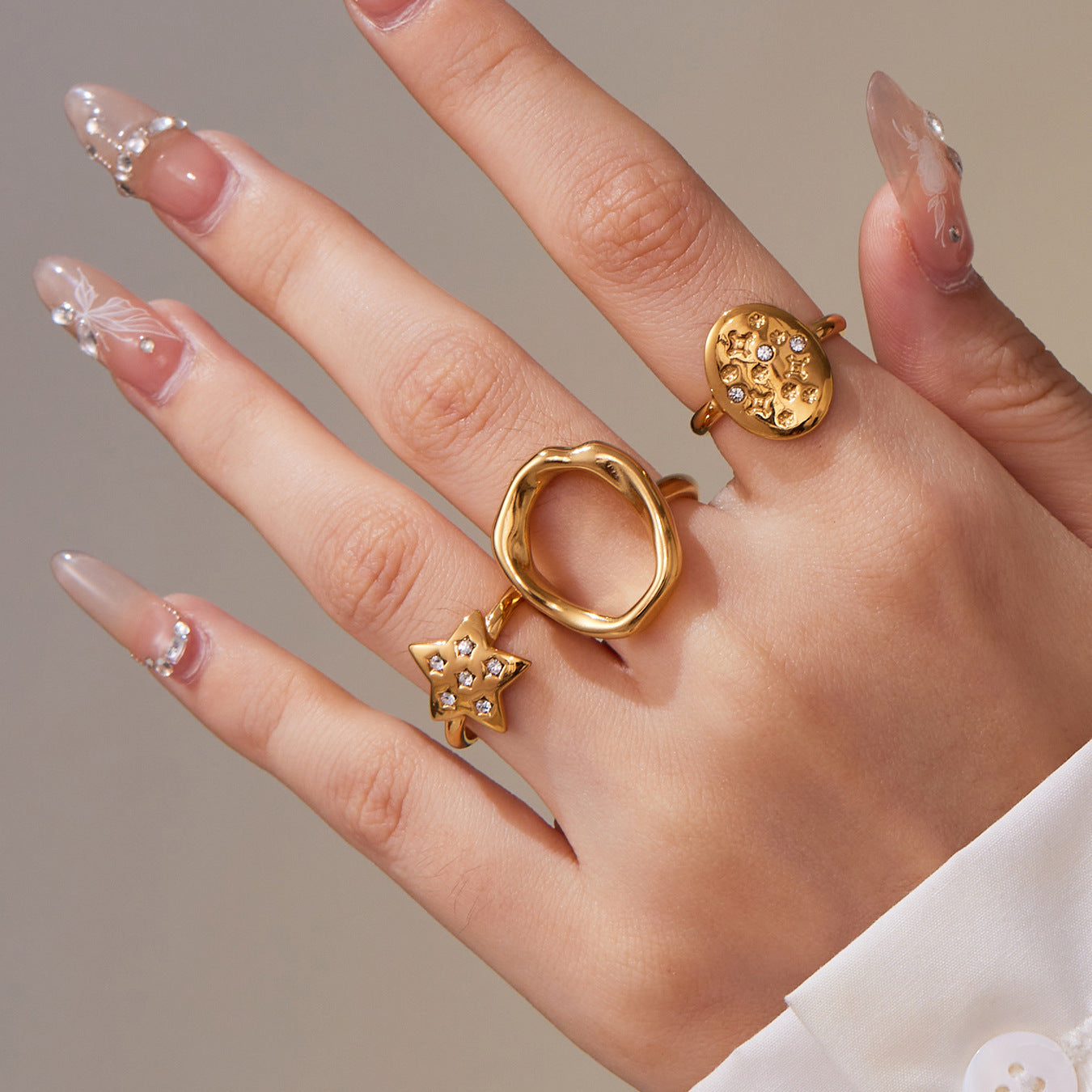 Micro-Pavé Zirconia Star Open Ring Collection - 18K Gold Plated Stainless Steel, Hypoallergenic and Adjustable for Stacking-ALB