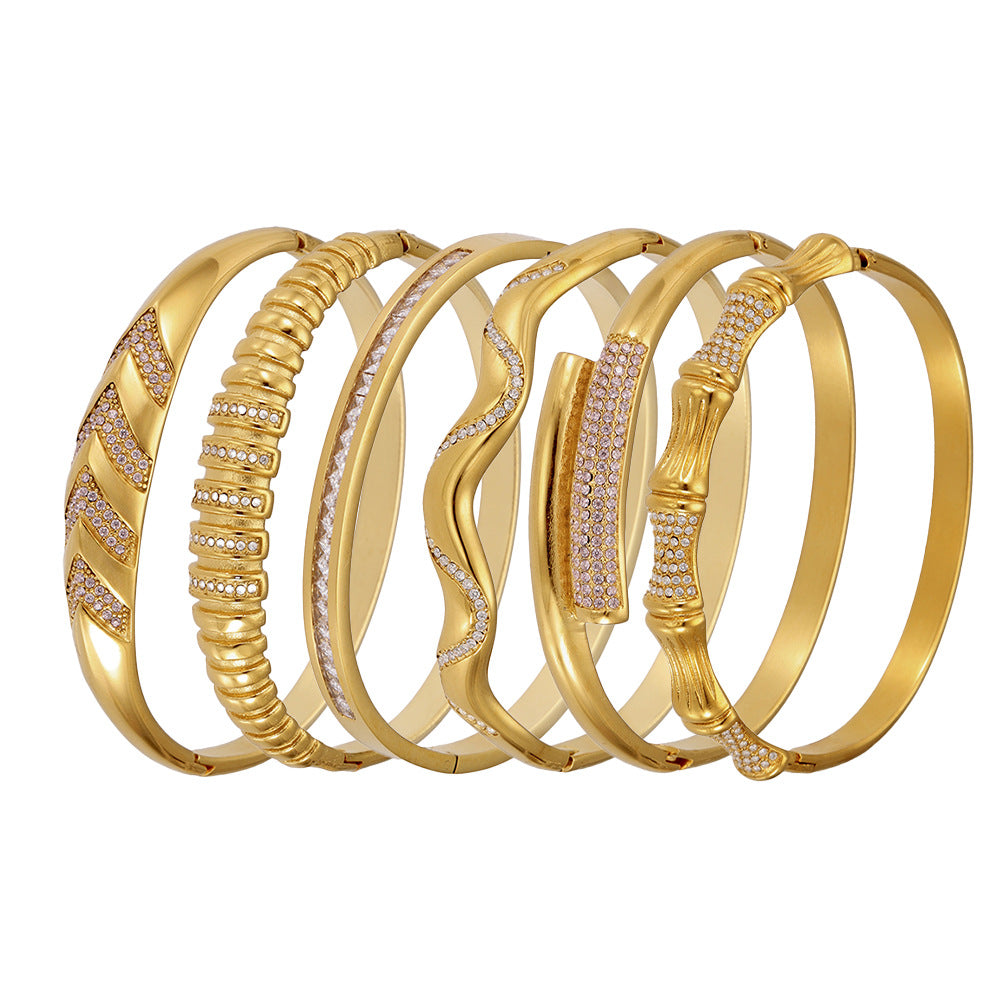 Adjustable Open Cuff Bamboo Bracelet - Irregular Geometric Shape with Zirconia, 18K Gold Plated, Ideal for Stacking and Layering-ALB