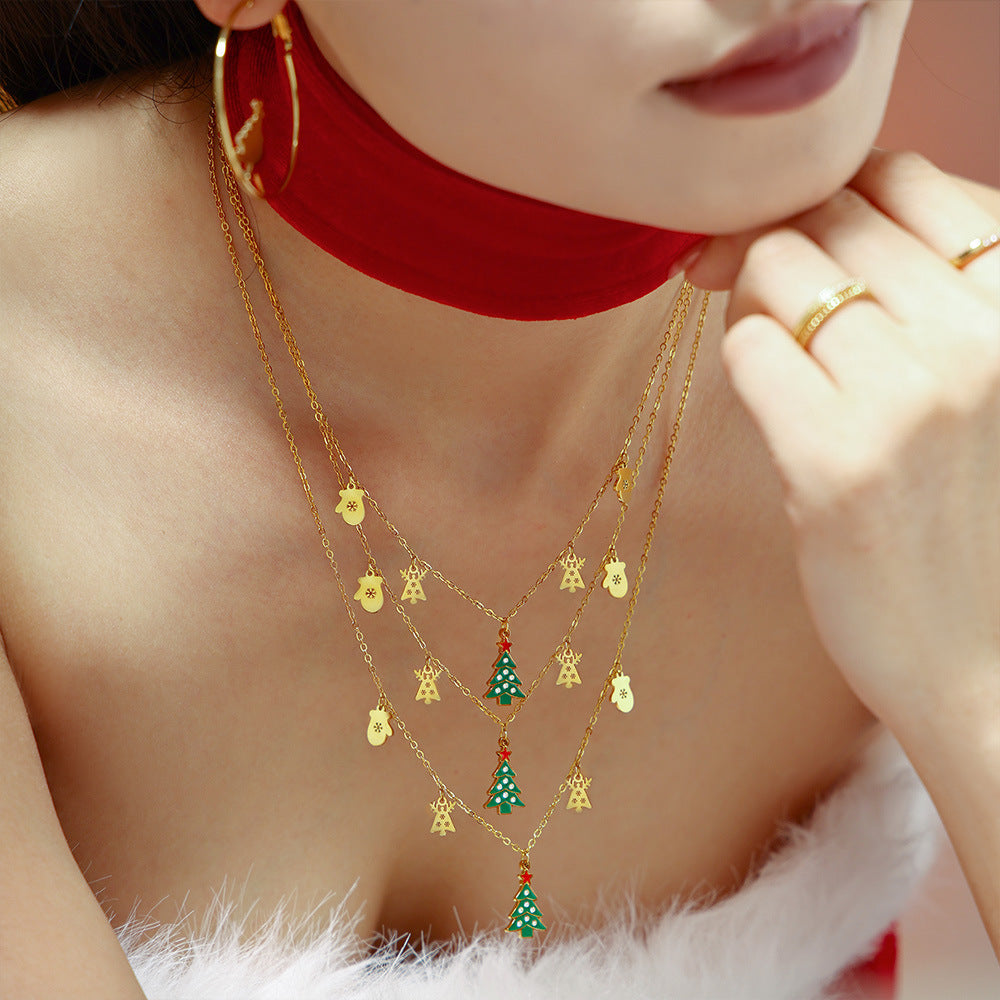 Adjustable Christmas Charm Necklace - Features Green Oil Drip Zirconia Tree, Reindeer, and Mitten, A Complete Holiday Story on One Chain-ALB