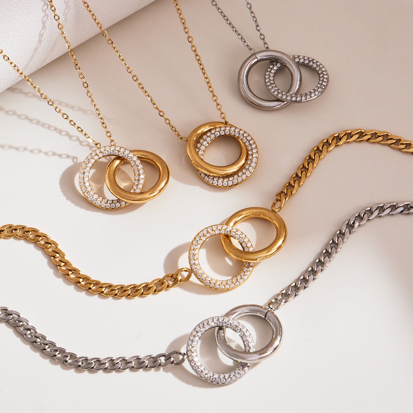 Double Ring Interlocking Chain Set - Minimalist 18K Gold Plated Stainless Steel Jewelry with Zircon Stones-ALB