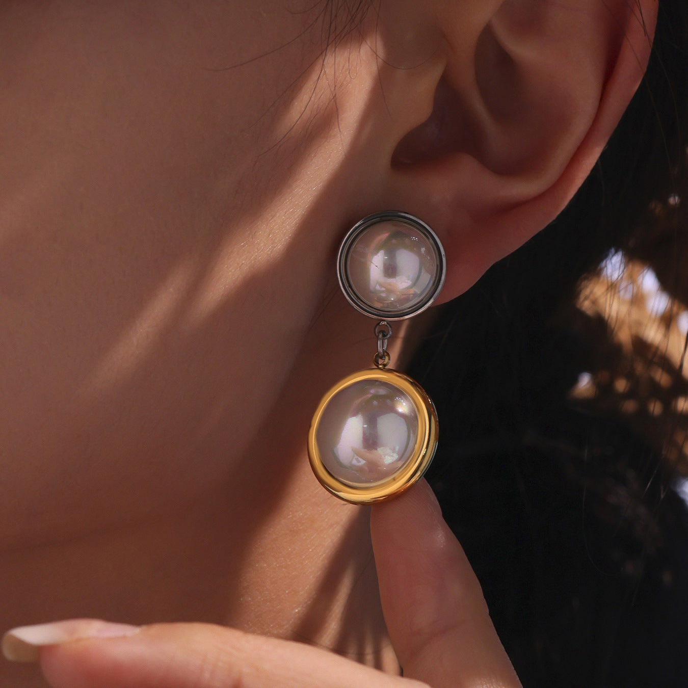High-Shine Rainbow Pearl Earrings with Color-Mixing Design - Princess Style Stainless Steel Dangle Earrings, Face-Slimming Effect for Daily Wear-ALB
