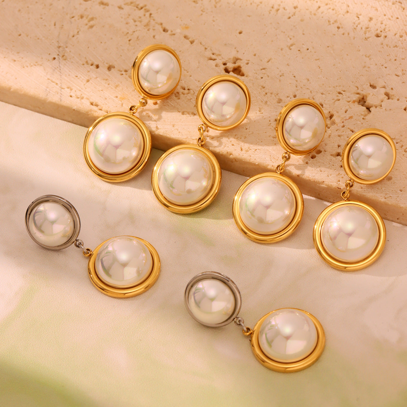 High-Shine Rainbow Pearl Earrings with Color-Mixing Design - Princess Style Stainless Steel Dangle Earrings, Face-Slimming Effect for Daily Wear-ALB
