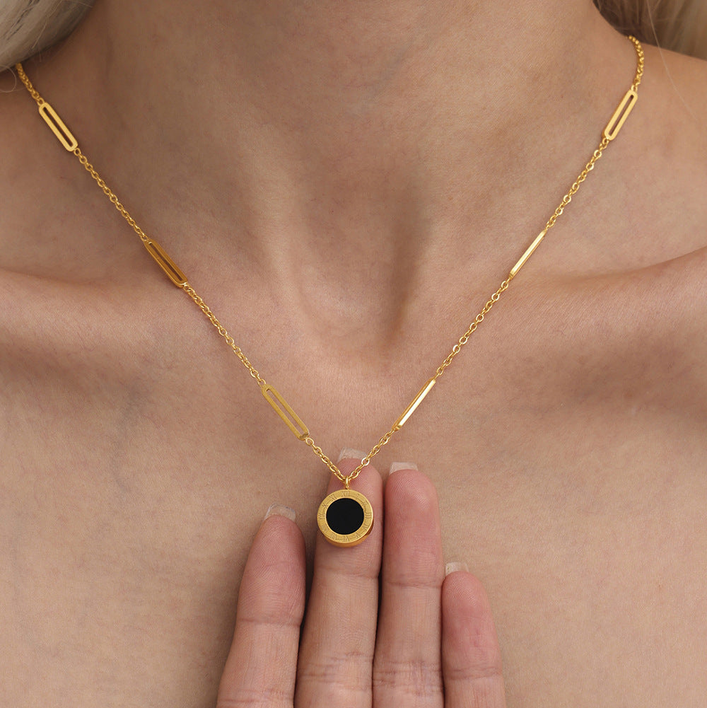 Adjustable Love Series Jewelry - Roman Numeral Engraved Pendant with Natural Black White Shell Beads, Hypoallergenic 18K Gold Plated Stainless Steel-ALB