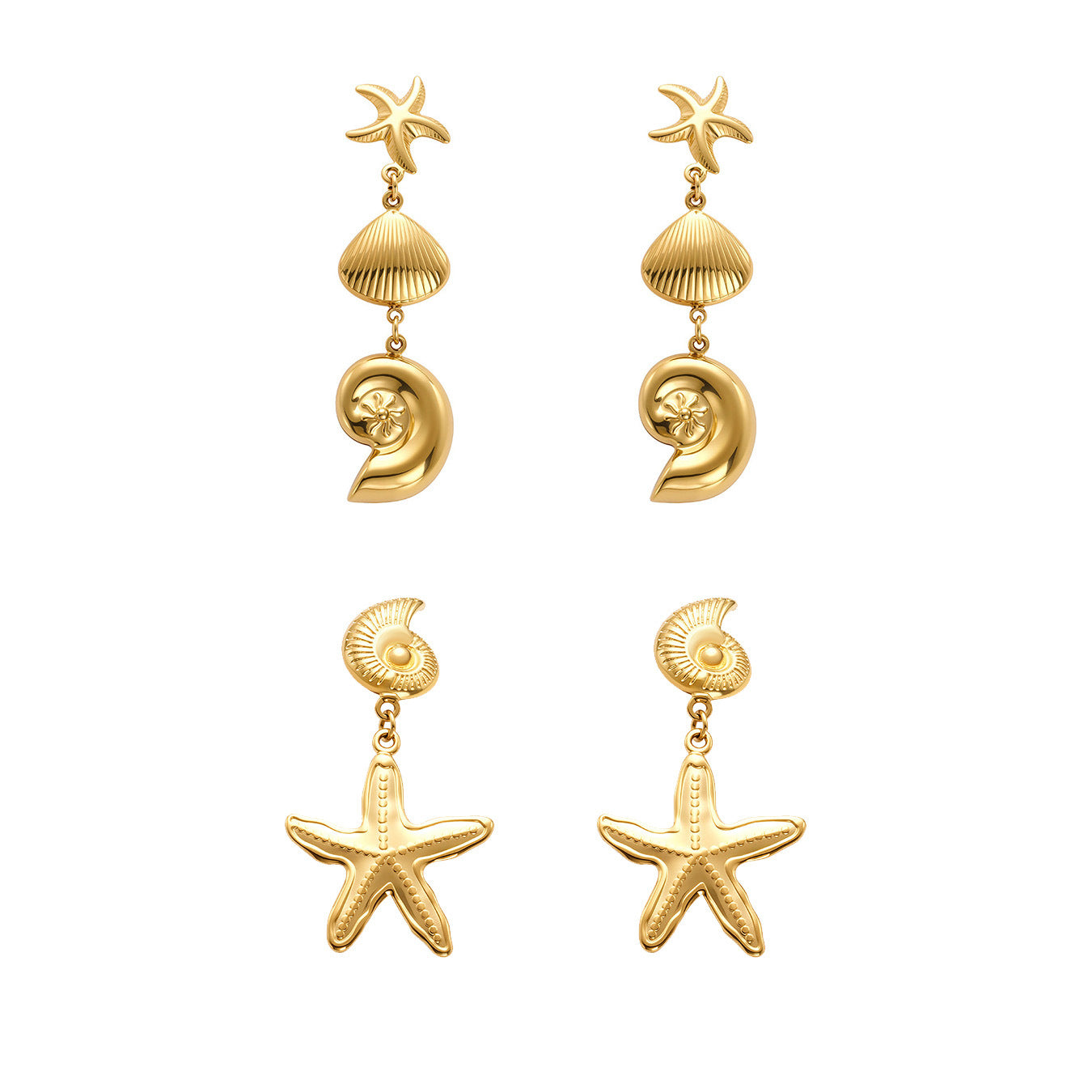 Statement Conch & Starfish Dangle Earrings - PVD 18K Gold Plated Over Stainless Steel, Heavy Craftsmanship for a Bold Ocean Look-ALB
