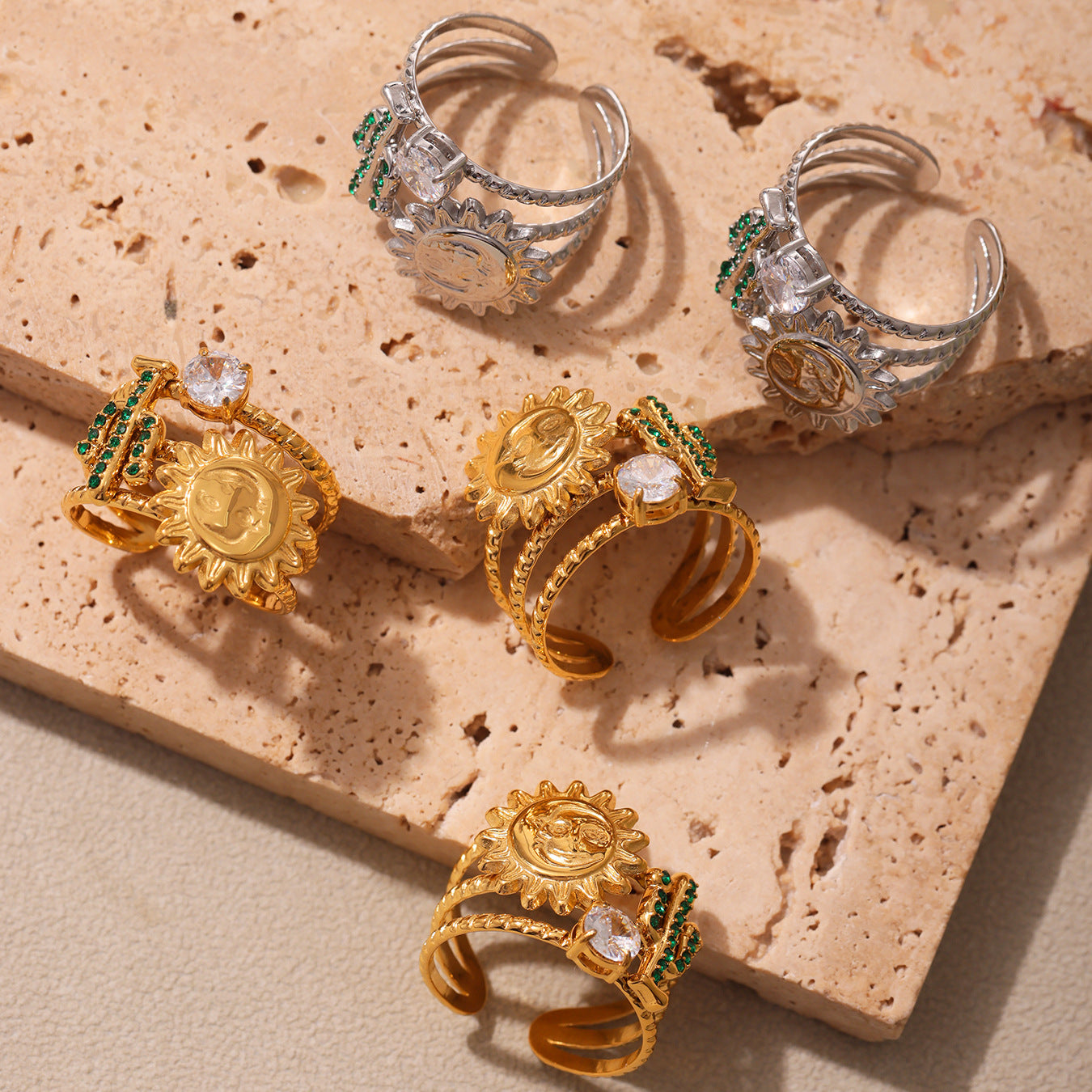 Botanical Mythical Open Ring - 5A Green Zirconia Cactus and Sun Goddess Motif, Artisan Adjustable Band for Everyday Wear-ALB