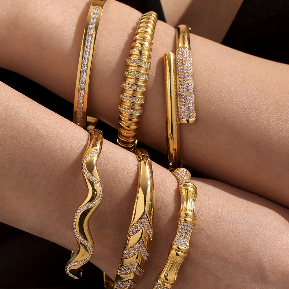 Adjustable Open Cuff Bamboo Bracelet - Irregular Geometric Shape with Zirconia, 18K Gold Plated, Ideal for Stacking and Layering-ALB