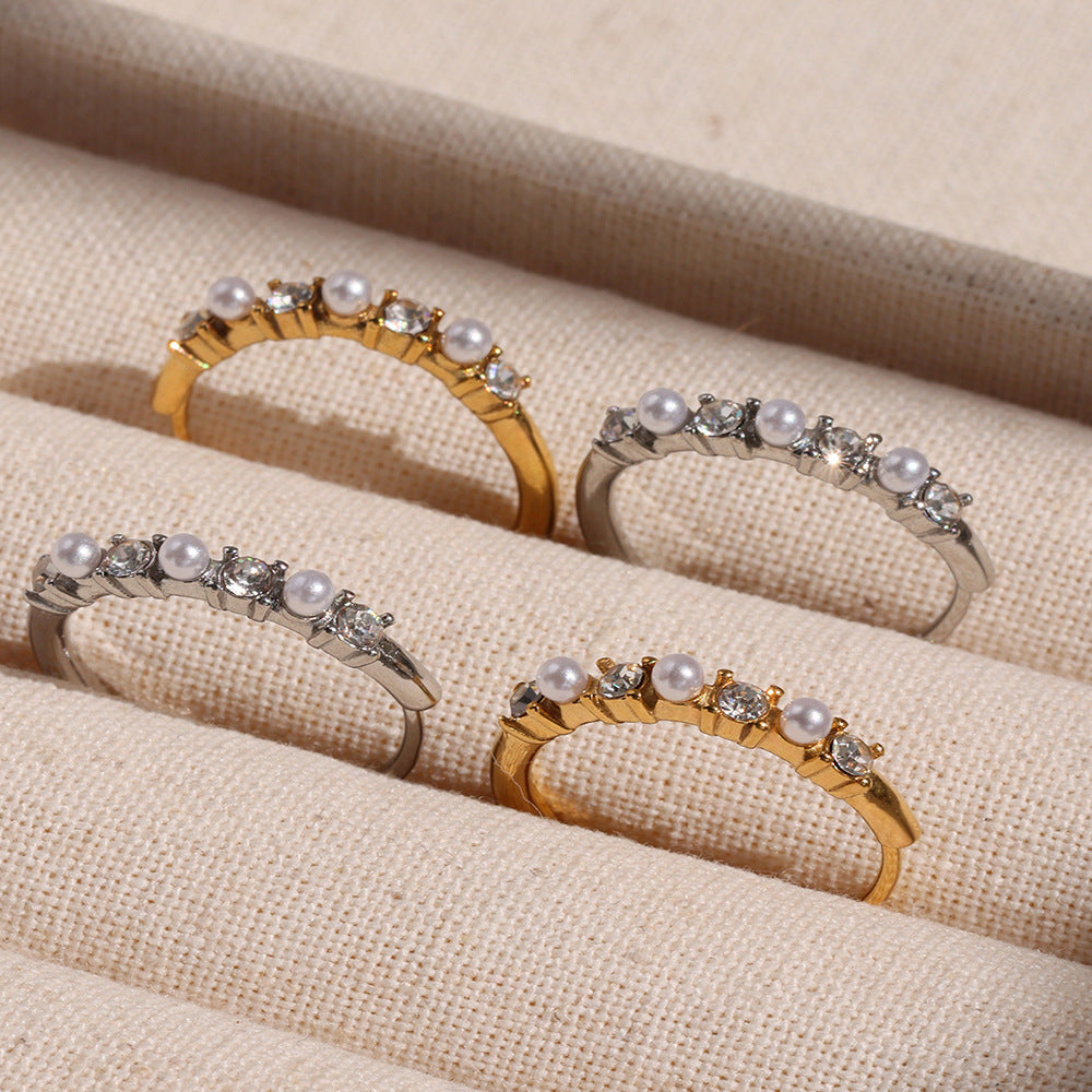 Minimalist Euro-American Stackable Ring - Zircon and Pearl Bead Design on Durable Stainless Steel, Ideal for Daily Wear and Gifting-ALB