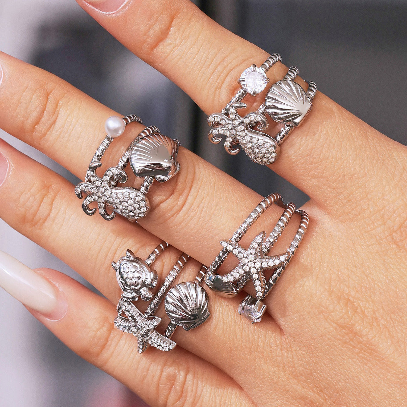 Ocean Breeze Zircon Shell Ring - Featuring Starfish and Octopus, 18K Gold Plated Stainless Steel, Openwork Adjustable Ring-ALB