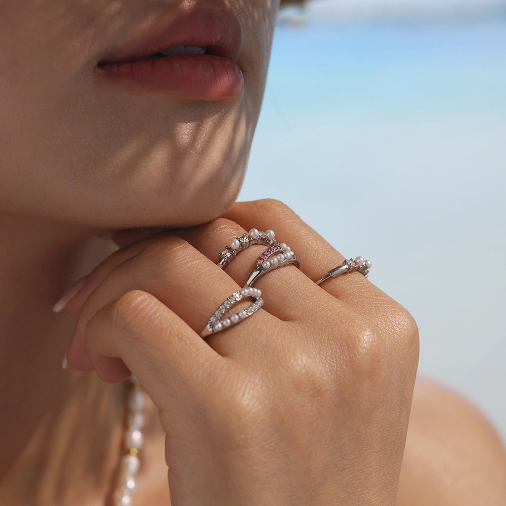 Minimalist Euro-American Stackable Ring - Zircon and Pearl Bead Design on Durable Stainless Steel, Ideal for Daily Wear and Gifting-ALB