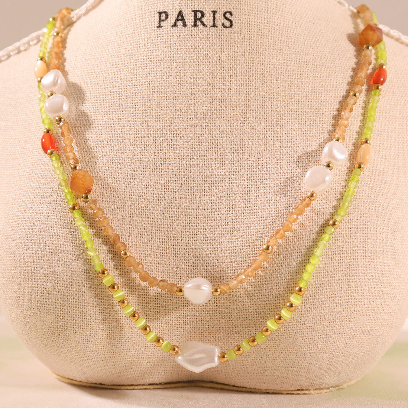 Adjustable French Style Collarbone Necklace - Ultra-Fine Faceted Cat's Eye Stone and Shell Beads, Lightweight and Comfortable for Sensitive Skin-ALB