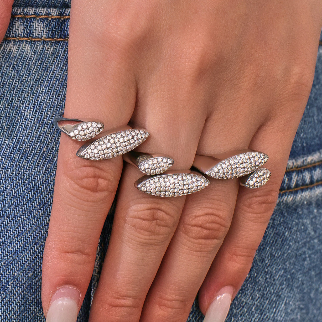 Hypoallergenic Full Pave Zirconia Geometric Ring - Stainless Steel Open Band, Adjustable Fit for Sensitive Skin, Modern Artisan Design -ALB
