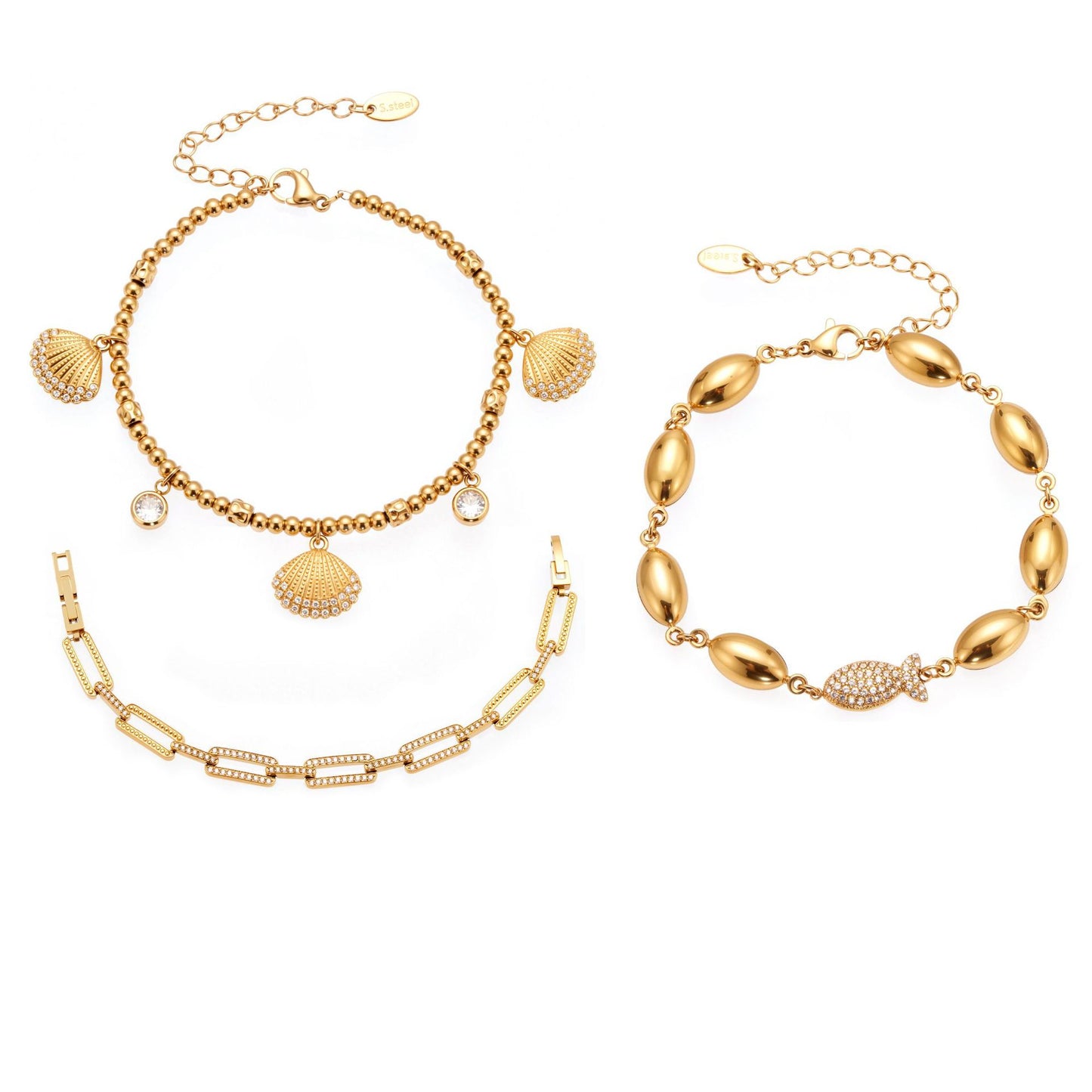 Hand-Assembled Full Zirconia Fish Link Bracelet - Features Hollow Oval Charms and a High-Gloss Polished Chain-ALB