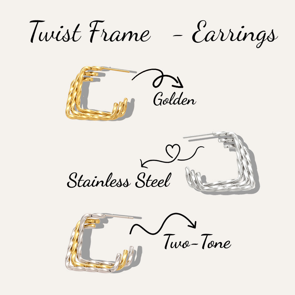Geometric C-Line Earrings with Two-Tone Hollow-Out Design - 18K Gold Plated Titanium Steel, Hypoallergenic & Lightweight-ALB