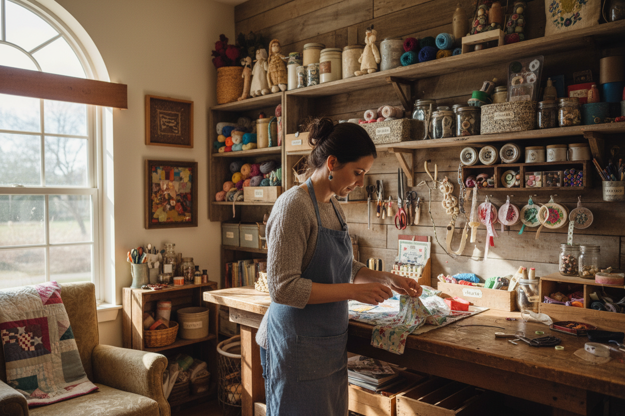 一个美国女性35+手工艺者正在做手工艺，环境背景体现出手工艺店铺