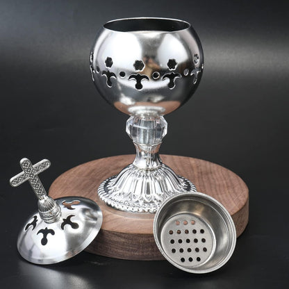 ✝️Jesus bless you✝️🌟 Silver Charcoal Incense Burner Catholic Cross Censer – Brass Plated Distiller for Church & Home 🌟