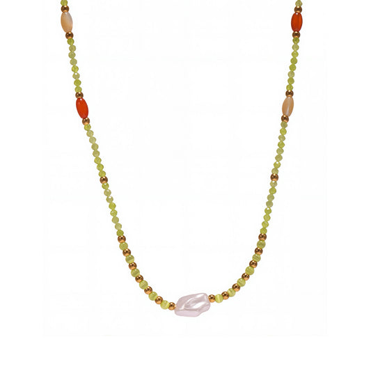 Adjustable French Style Collarbone Necklace - Ultra-Fine Faceted Cat's Eye Stone and Shell Beads, Lightweight and Comfortable for Sensitive Skin-ALB