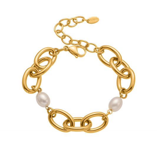 Elegant Pearl and Stainless Steel Chain Bracelet - PVD 18K Gold Plated for Durability and Tarnish Resistance, Adjustable Light Luxury Design-ALB