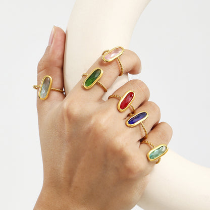 Czech Glass & Threaded Bead Open Ring for Women - 18K Gold Plated Stainless Steel, European and American Light Luxury Jewelry-ALB