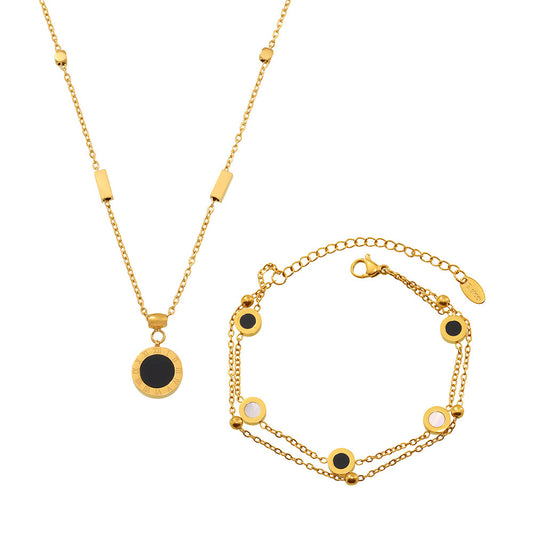 Adjustable Love Series Jewelry - Roman Numeral Engraved Pendant with Natural Black White Shell Beads, Hypoallergenic 18K Gold Plated Stainless Steel-ALB