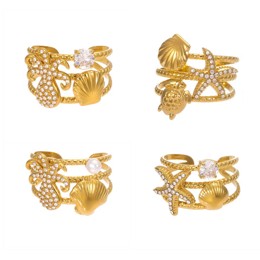 Ocean Breeze Zircon Shell Ring - Featuring Starfish and Octopus, 18K Gold Plated Stainless Steel, Openwork Adjustable Ring-ALB