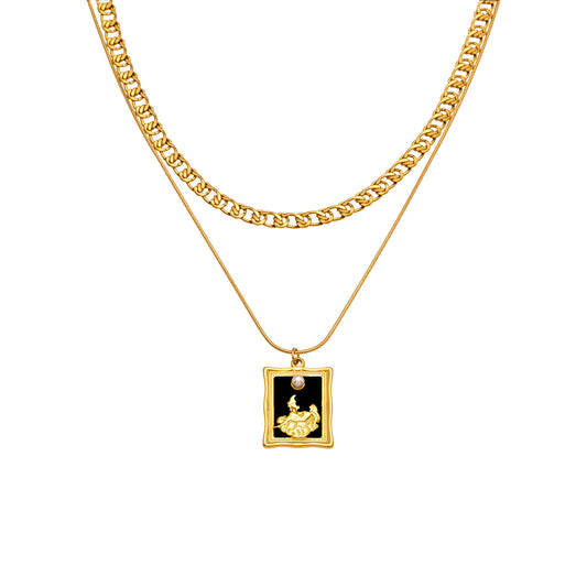 Artisanal Oil Drip Effect Square Pendant Necklace - Double-Layer Clavicle Chain, Hypoallergenic and Adjustable for Sensitive Skin-ALB