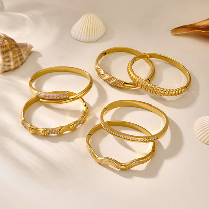 Adjustable Open Cuff Bamboo Bracelet - Irregular Geometric Shape with Zirconia, 18K Gold Plated, Ideal for Stacking and Layering-ALB