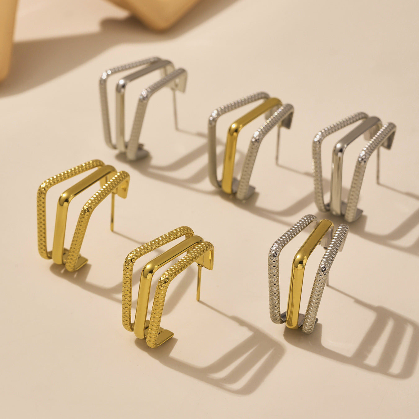 Geometric C-Line Earrings with Two-Tone Hollow-Out Design - 18K Gold Plated Titanium Steel, Hypoallergenic & Lightweight-ALB
