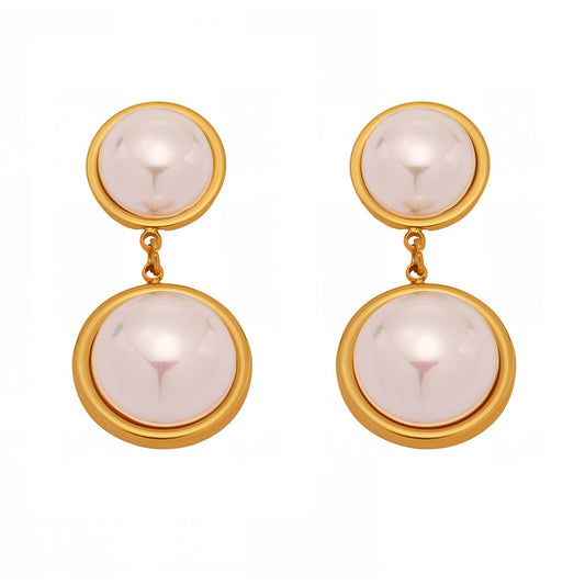 High-Shine Rainbow Pearl Earrings with Color-Mixing Design - Princess Style Stainless Steel Dangle Earrings, Face-Slimming Effect for Daily Wear-ALB
