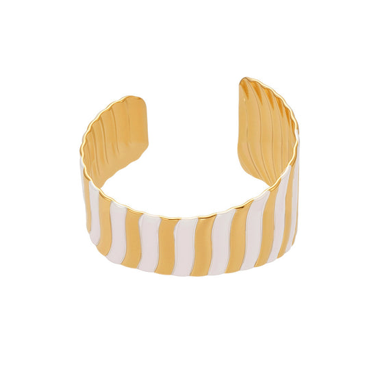 Two-Tone Wave Design Wide Cuff Bangle - Open Geometric Bracelet in 18K Gold Plated Titanium Steel, Modern and Durable Fashion Accessory-ALB