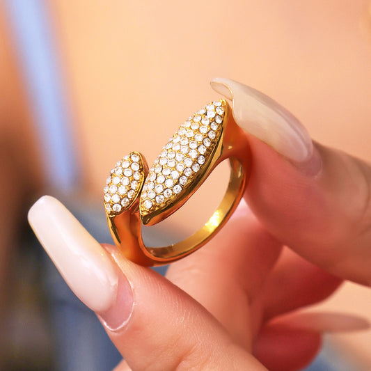 Hypoallergenic Full Pave Zirconia Geometric Ring - Stainless Steel Open Band, Adjustable Fit for Sensitive Skin, Modern Artisan Design -ALB