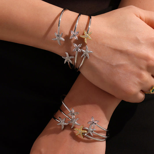 Ocean Series 5A Zirconia Fish and Starfish Bracelet - Adjustable Open Design in 18K Gold Plated Stainless Steel, Light Luxury Marine Theme Jewelry-ALB
