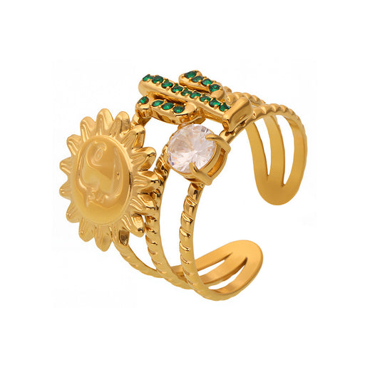 Botanical Mythical Open Ring - 5A Green Zirconia Cactus and Sun Goddess Motif, Artisan Adjustable Band for Everyday Wear-ALB