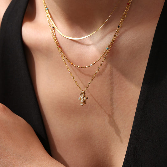 Multi-Layer Cross Pendant Necklace with 5A Zircon - 18K Gold Plated Stainless Steel Collar Chain, Trendy Layered Look-ALB