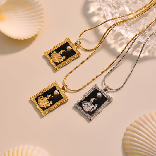 Artisanal Oil Drip Effect Square Pendant Necklace - Double-Layer Clavicle Chain, Hypoallergenic and Adjustable for Sensitive Skin-ALB