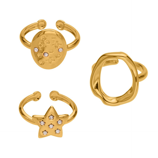 Micro-Pavé Zirconia Star Open Ring Collection - 18K Gold Plated Stainless Steel, Hypoallergenic and Adjustable for Stacking-ALB