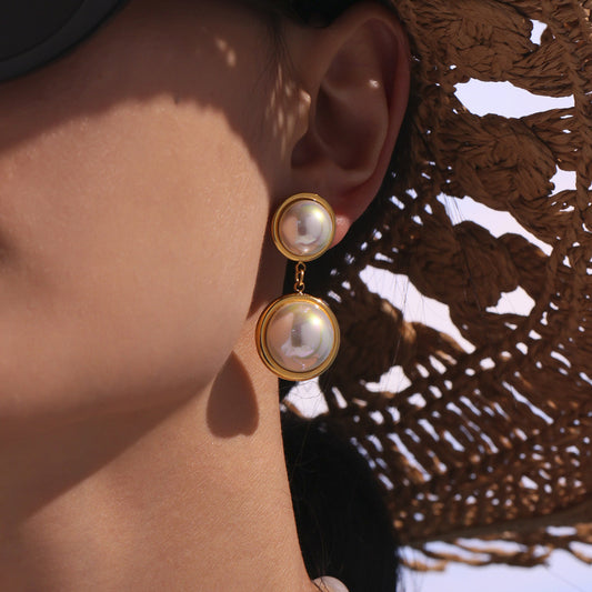 High-Shine Rainbow Pearl Earrings with Color-Mixing Design - Princess Style Stainless Steel Dangle Earrings, Face-Slimming Effect for Daily Wear-ALB