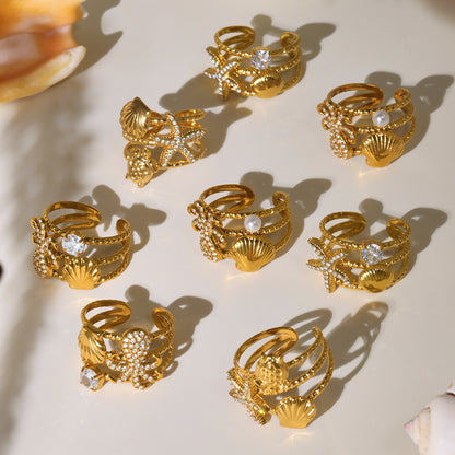 Ocean Breeze Zircon Shell Ring - Featuring Starfish and Octopus, 18K Gold Plated Stainless Steel, Openwork Adjustable Ring-ALB