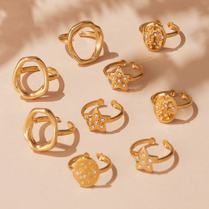 Micro-Pavé Zirconia Star Open Ring Collection - 18K Gold Plated Stainless Steel, Hypoallergenic and Adjustable for Stacking-ALB