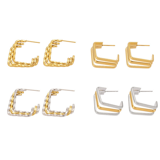 Geometric C-Line Earrings with Two-Tone Hollow-Out Design - 18K Gold Plated Titanium Steel, Hypoallergenic & Lightweight-ALB